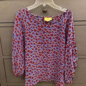 Maeve top, blue with maroon heart pattern, size medium